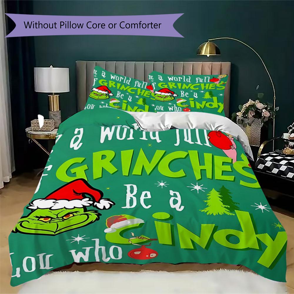 Christmas Grinch Cartoon Prints Bedding, Duvet Cover and Pillowcases, Birthday Gift (1 Duvet Cover + 2 Pillowcases, Pillow Insert Not included)JM008