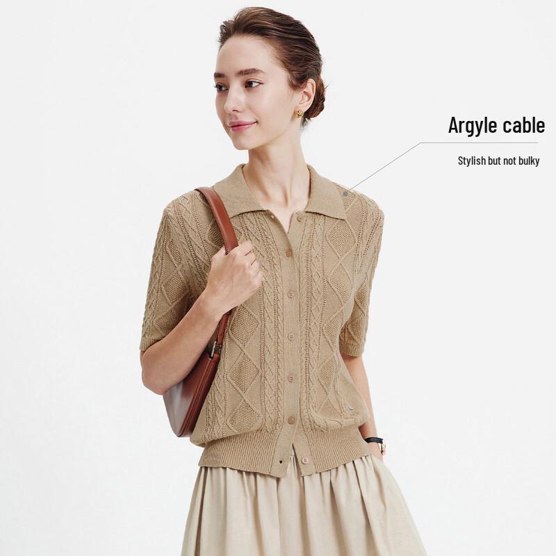 Navigare Women's Short Sleeve Cable Knit Polo Cardigan Top