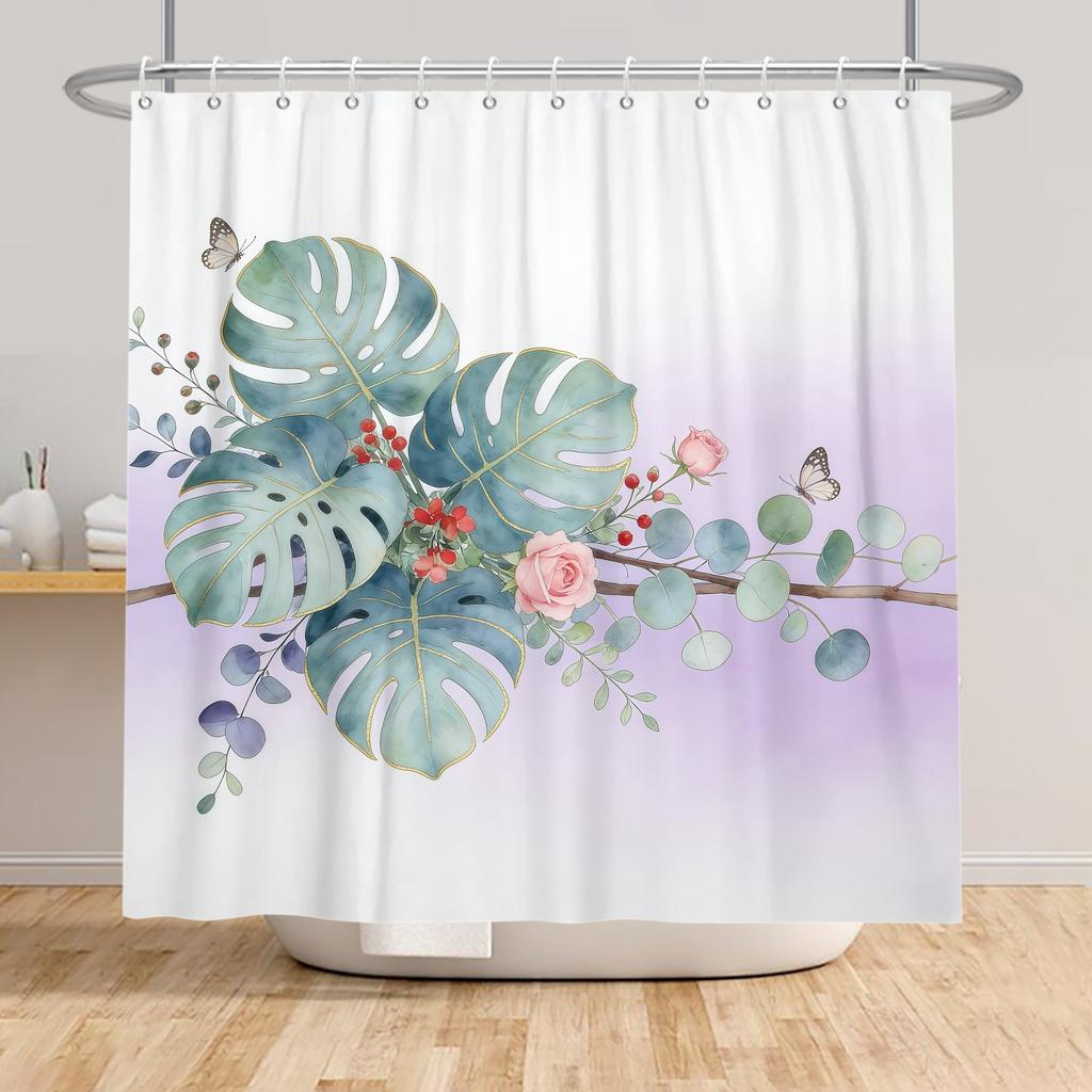 Badezimmer-Duschvorhang mit tropischem Pflanzenmotiv Grüne Blätter Lila Blumen Dekoration Wasserdichter Badezimmervorhang mit Haken