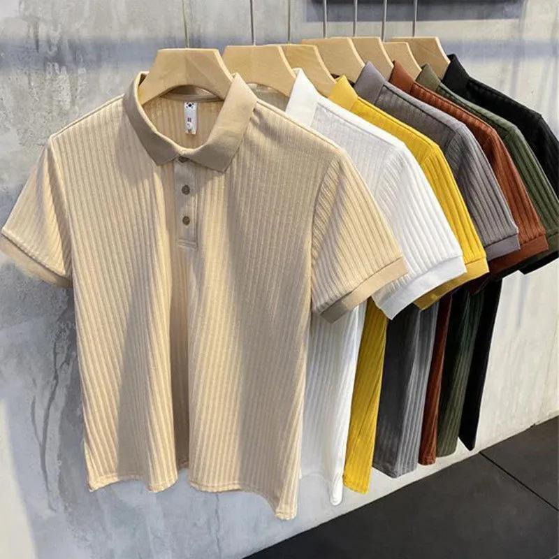 Men's Slim Fit Short Sleeve Polo Knit Shirt - Korean Style Casual Ribbed Top