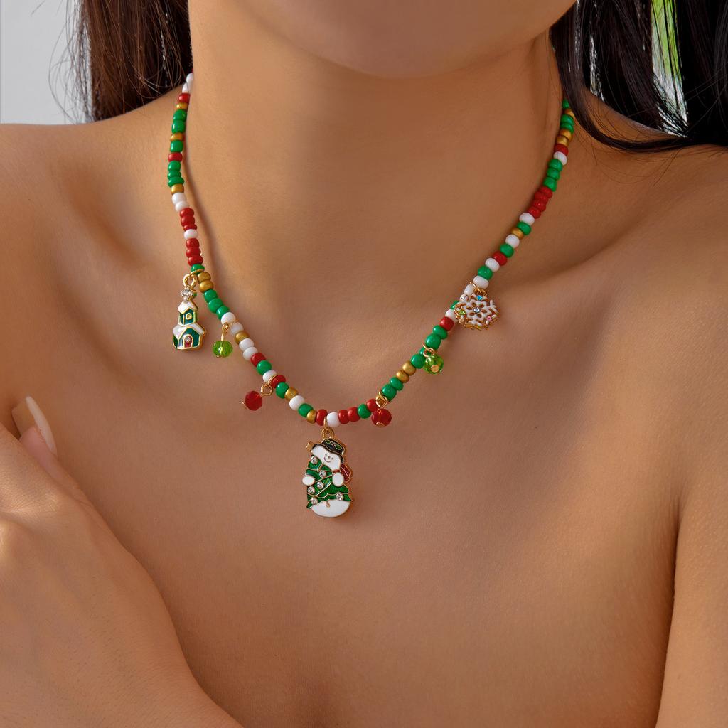 Christmas Necklaces for Women Girls Handmade Rice Beads X'mas Tree Santa Claus Snowman Gift Necklace Pendant New Year Jewelry
