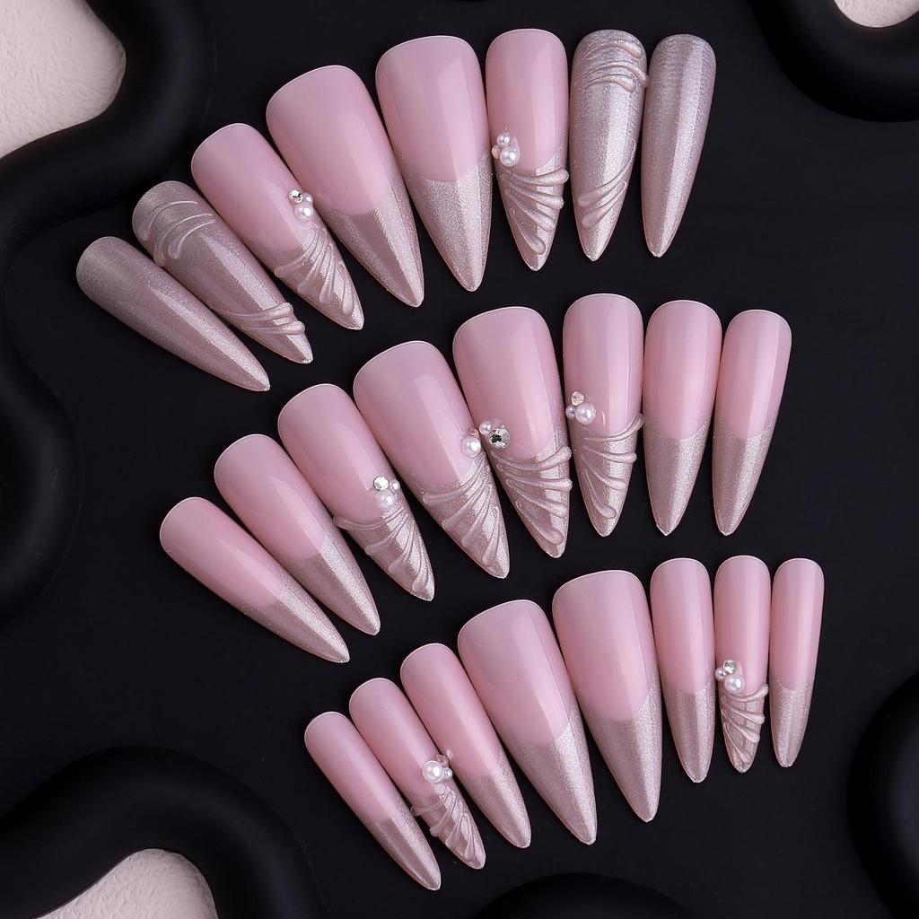 Heißverkaufende 3D-Tragbare Nägel mit durchscheinendem Silberfaden, Langes spitzes Perlen-Strass-Design - Europäischer & Amerikanischer Spicy Girl Stil