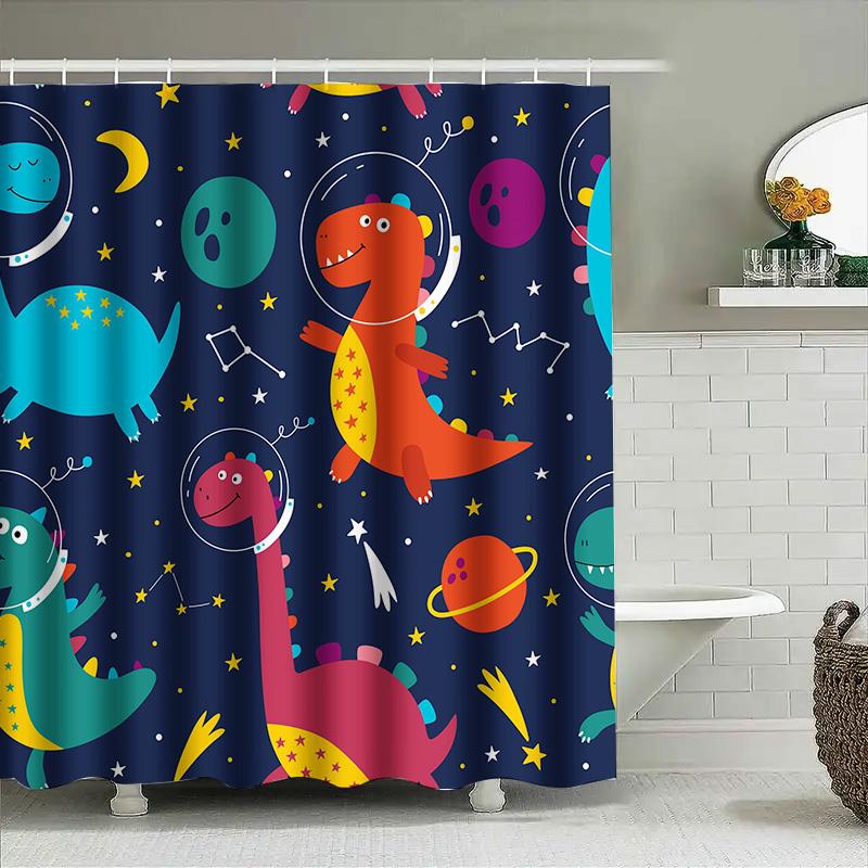 Space-themed shower curtain featuring colorful dinosaurs, perfect for a child's bathroom! Made with waterproof polyester fabric