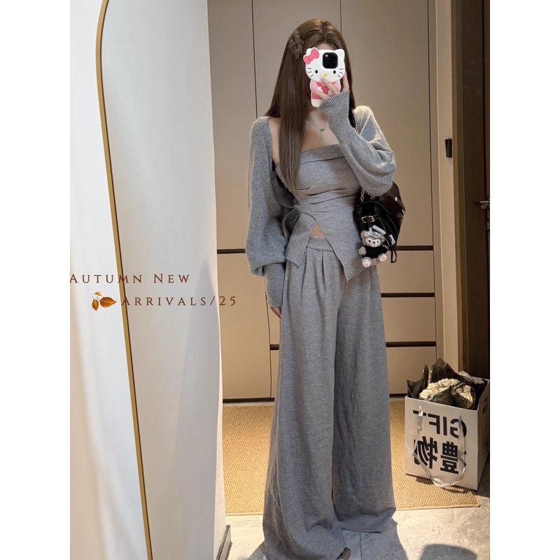 Kumikumi Idle Style Knitting Cardigan Outwear Women's Split Tube Top Vest Autumn Loose Casual Pants Three-Piece Set