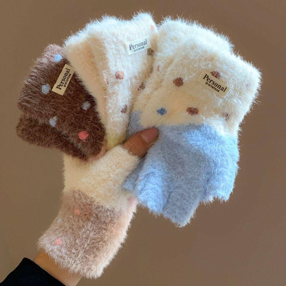 Polyester Plush Knitted Gloves Thick Warm Winter Gloves Soft Half Finger Gloves  Girls