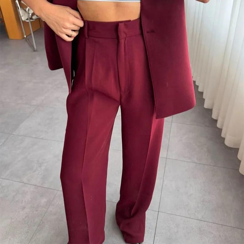 Casual 2 Piece Pants Sets Women Solid One Button Blazer Zippers High Waist Pleat Wide Trousers 2025 Spring Summer Lady Outfits