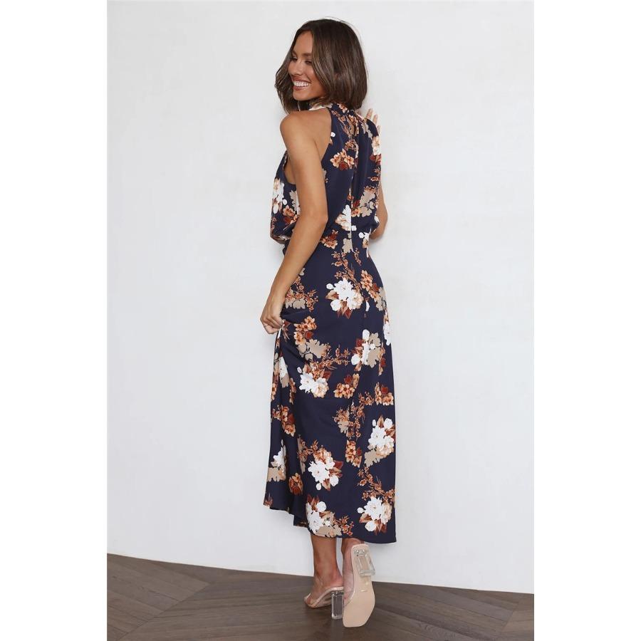 Women's Summer Elegant Fashion Long Dress Sexy Sleeveless Printed Hanging Neck Casual Dresses