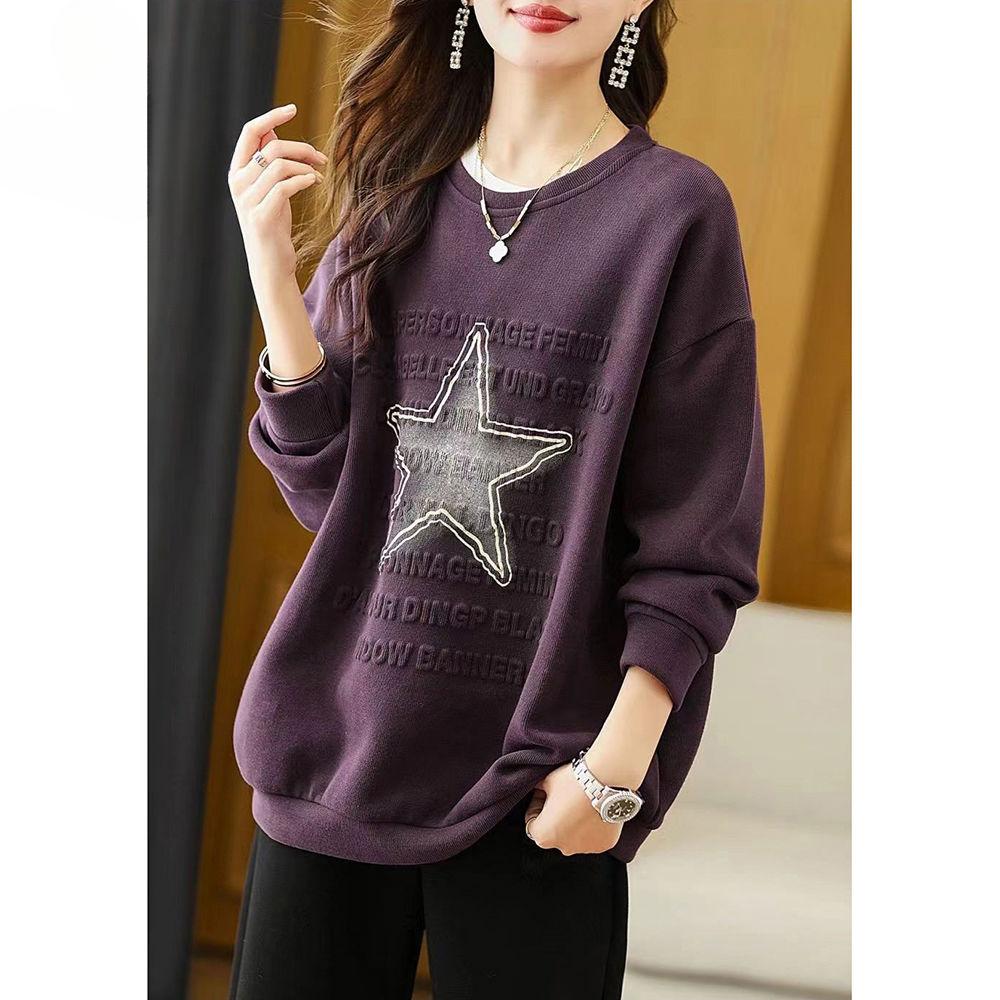 Fashion Women Letter Print Plus Size Star Hoodie Loose Round Neck Sweatshirt for Autumn
