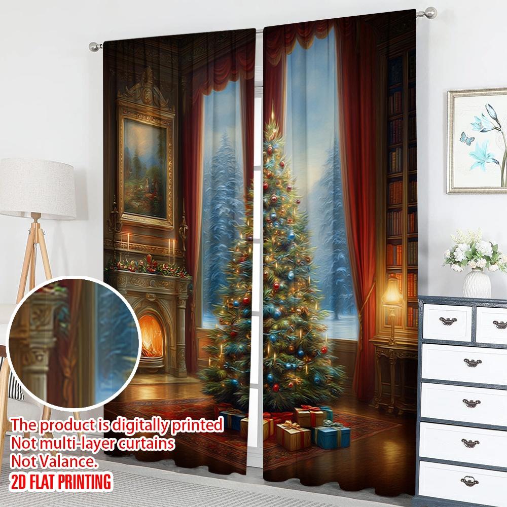 2 Stück 2D-Flachdruck Klassische Weihnachtsvorhänge Gemütlicher Weihnachtsbaum Kamin Digital Bedruckte Polyester-Vorhänge Familienfeier