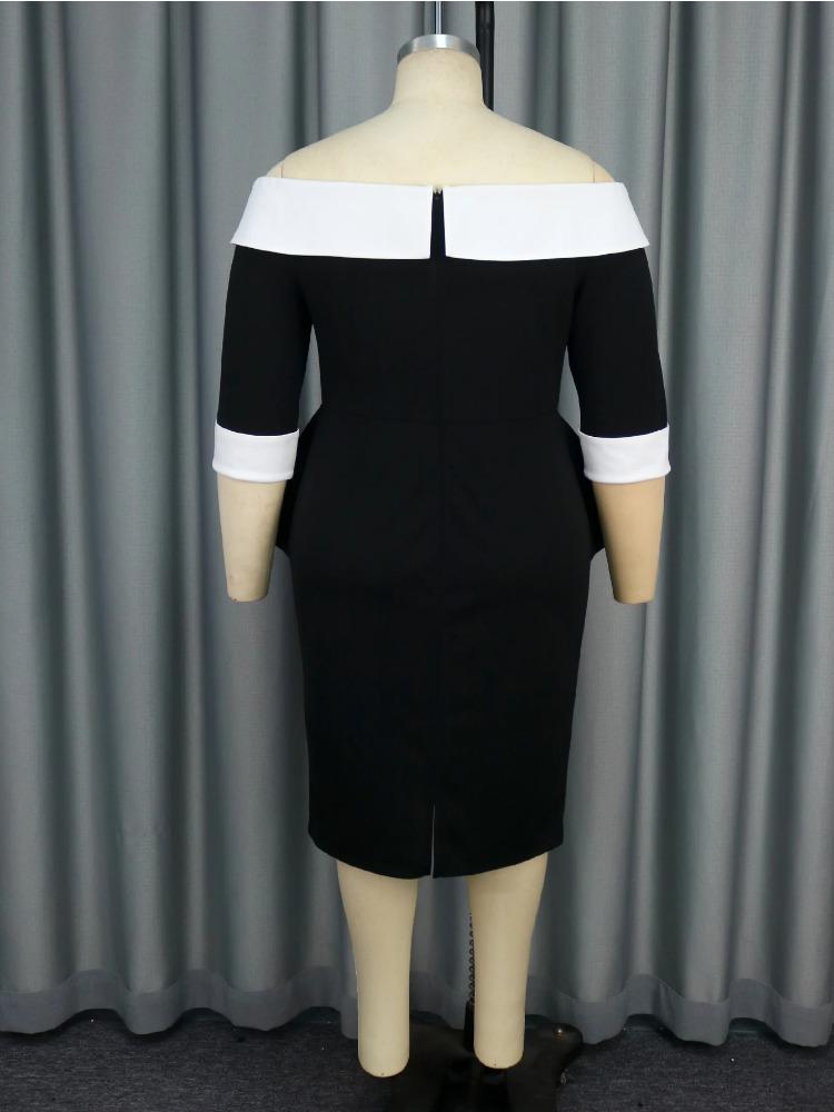 Elegant Off Shoulder Black Dress for Women Contrast Trim Button Detail Bodycon Midi Skirt Set Church Wedding Guest Formal Outfit