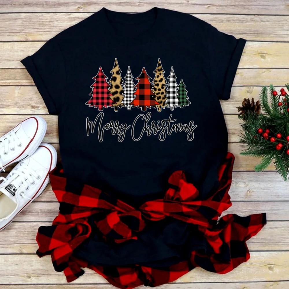 Casual Loose Fit Christmas Tshirt for Women Funny Cartoon Shiny Xmas Tree Print Top Holiday Festival Daily Streetwear Tee