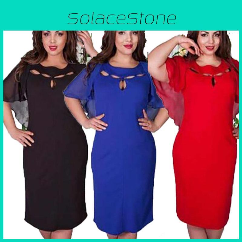 Damska Modna Sukienka Plus Size 6XL z Wycięciami, Krótkim Rękawem, Jednokolorowa, Dla Swobodnego Stylu**