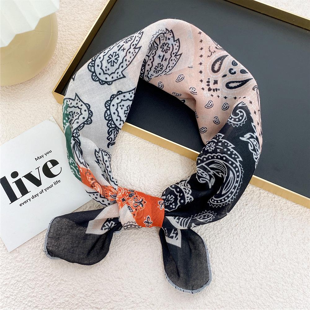 58 Cashew Silk Small Square Scarf: Korean Style Cotton Linen Printed Headscarf and Hairband for Women, Ideal for Spring, Summer, and Autumn.
