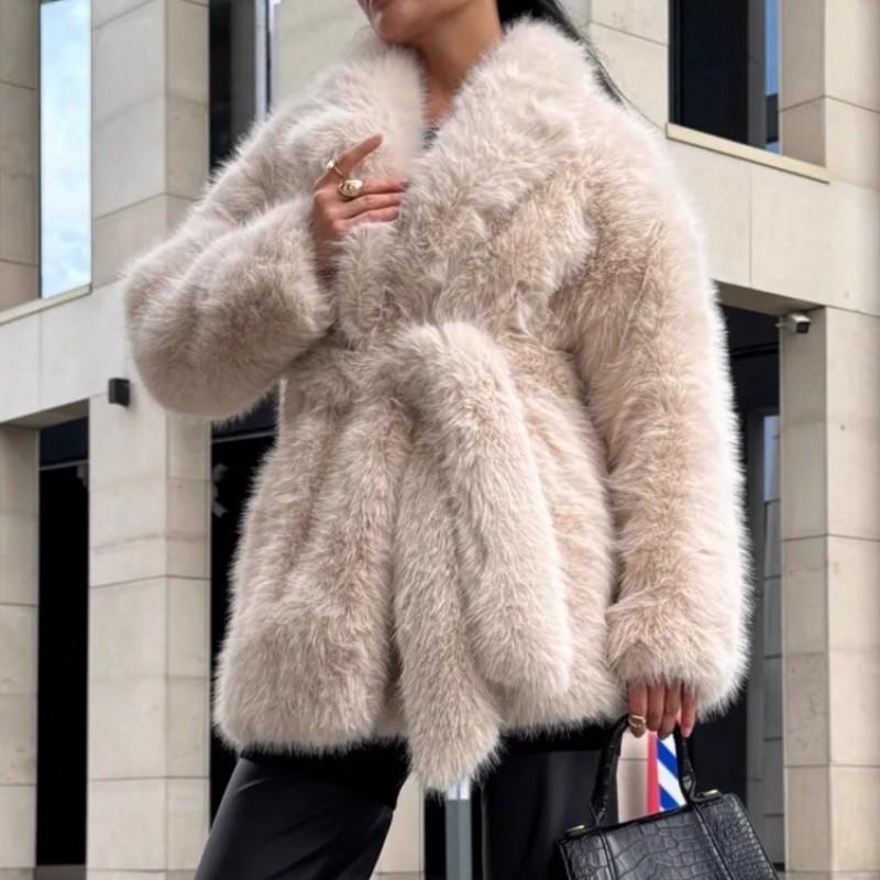 Womens Faux Fur Coat Mid-Length With Belted Waist Elegant Winter Outerwear In Black Coffee Beige