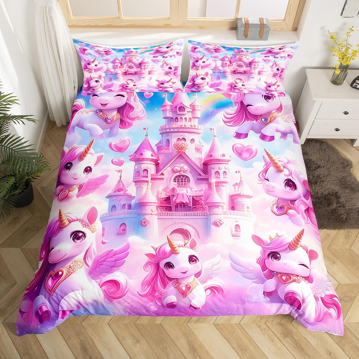 

Cartoon Castle Duvet Cover Set Queen Size Princess Style Love Print Breathable Bedding Set Cute Unicorn Watercolor Quilt Cover EU Single(135x200cm)