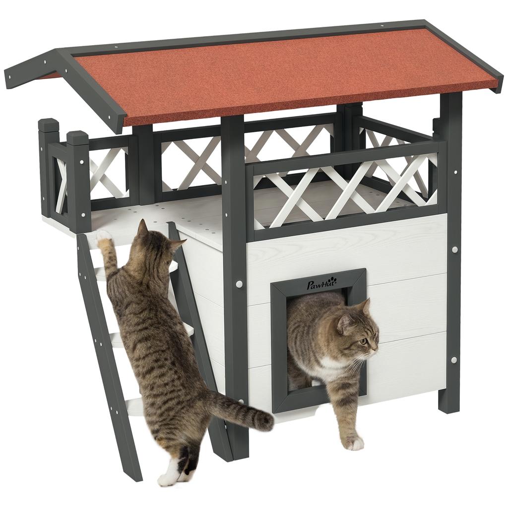 Outdoor Cat House with Terrace and Wooden Ladder, 77x50x73cm, White and Grey