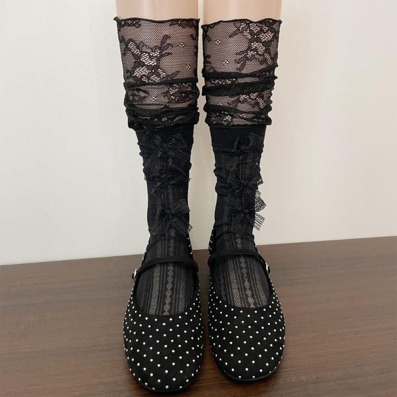 Chaussettes Dentelle Mi-Mollet pour Femmes avec Accent Ruban Style Décontracté Paire pour Tenue en Superposition Style Quotidien