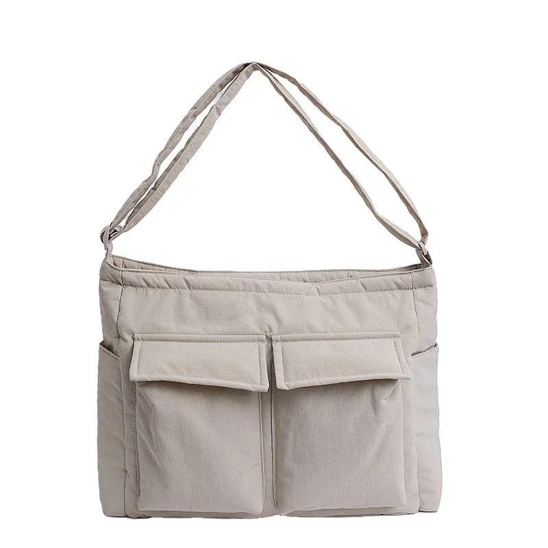 Large Capacity Nyl Solid Color Shoulder Bags Multiple Pockets Commuting Handbags 2026 Sewing Versatile Female Bags бежевый