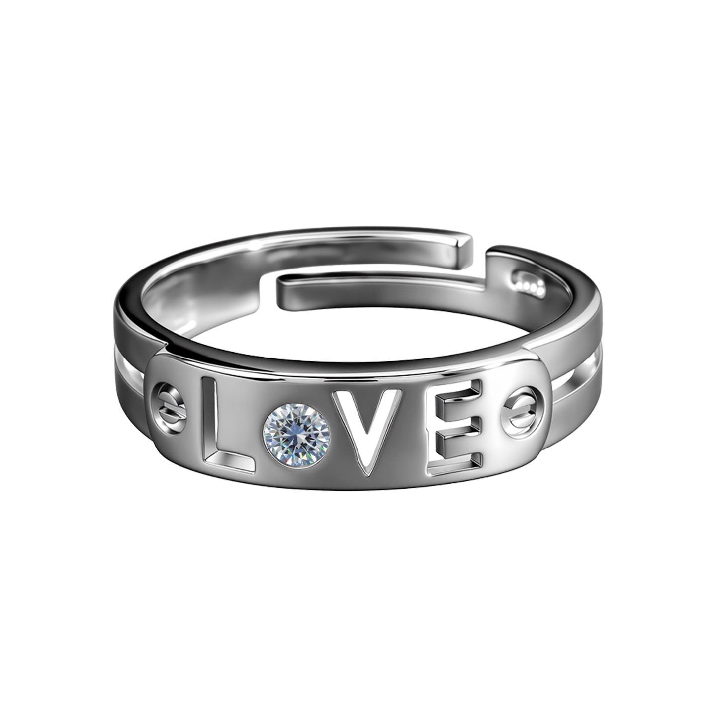 Eco-Friendly Copper LOVE Letter Rhinestone Zirconia Ring - Luxury Couple Style Jewelry Adjustable Open
