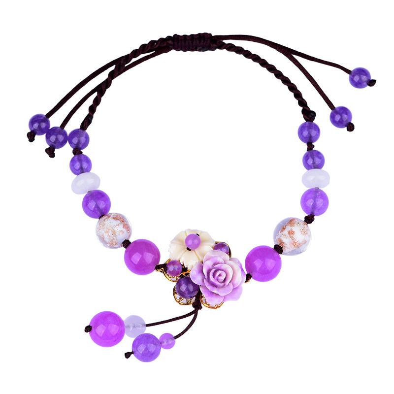 Summer Refreshing Purple Crystal Beads Adjustable Size Anklets Smooth Comfortable Golden Sand Coloured Glaze Jewelry On Foot