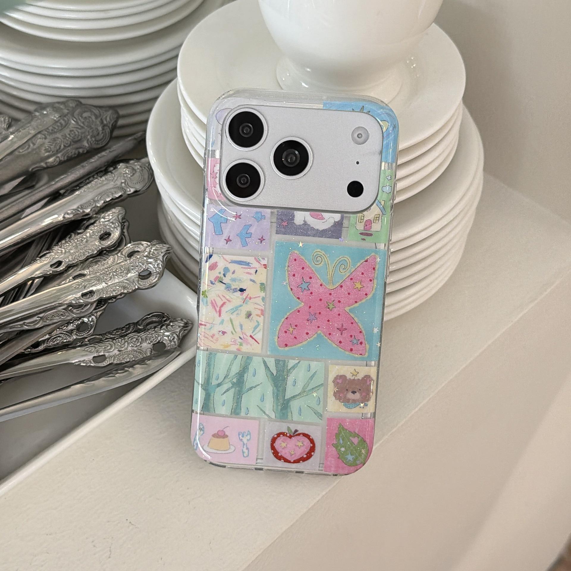 

Vintage Patchwork Butterfly & Bear iPhone Case for 15P, 16, and 17 Pro Max iPhone 17
