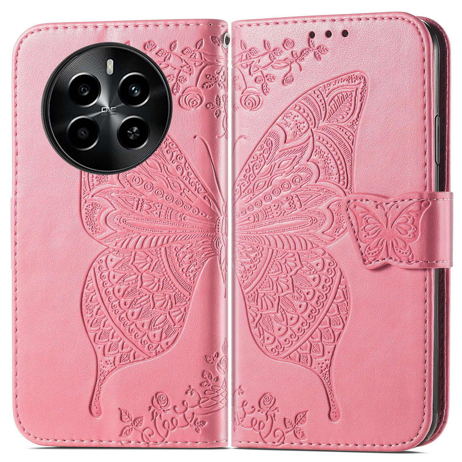 

For Realme 13 4G Case PU Leather Wallet Phone Cover Butterfly Pattern Pink