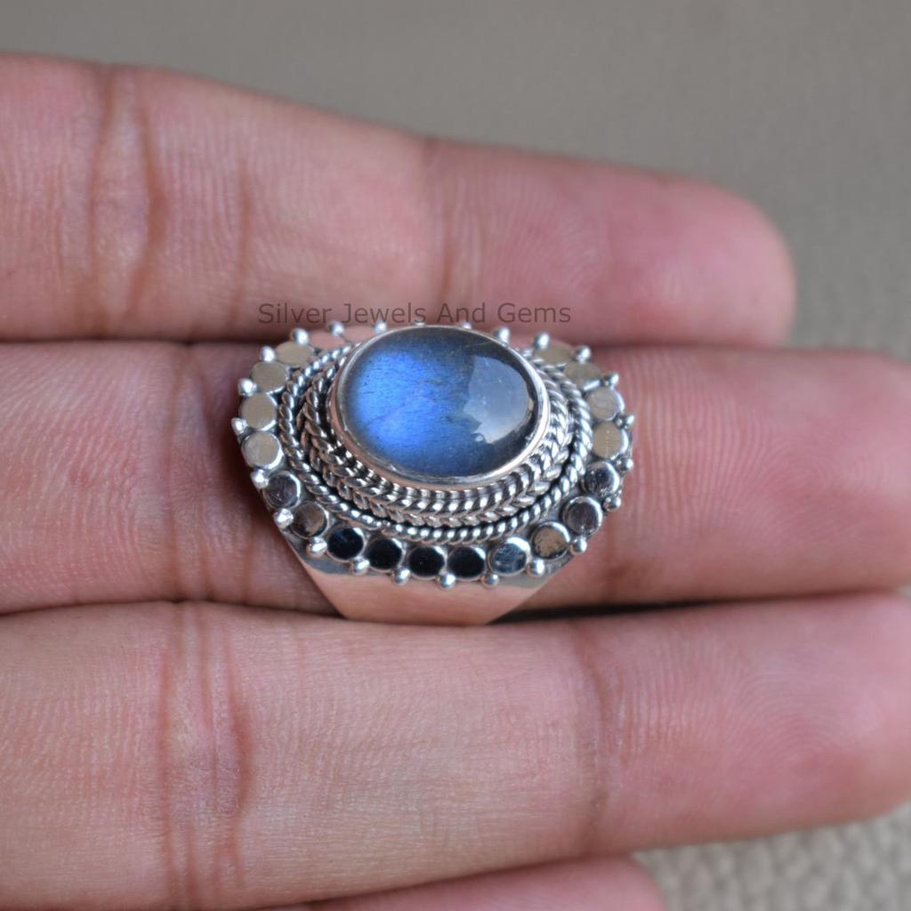 Handmade Oval Labradorite Ring, 925 Sterling Silver, Boho Jewelry
