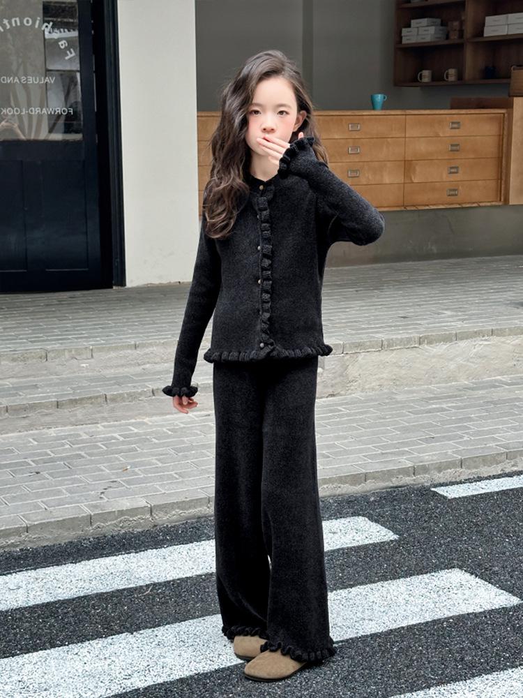 

Комплект для девочек: свитер и брюки - 2025 Вязаный кардиган и повседневные брюки прямого кроя 160cm