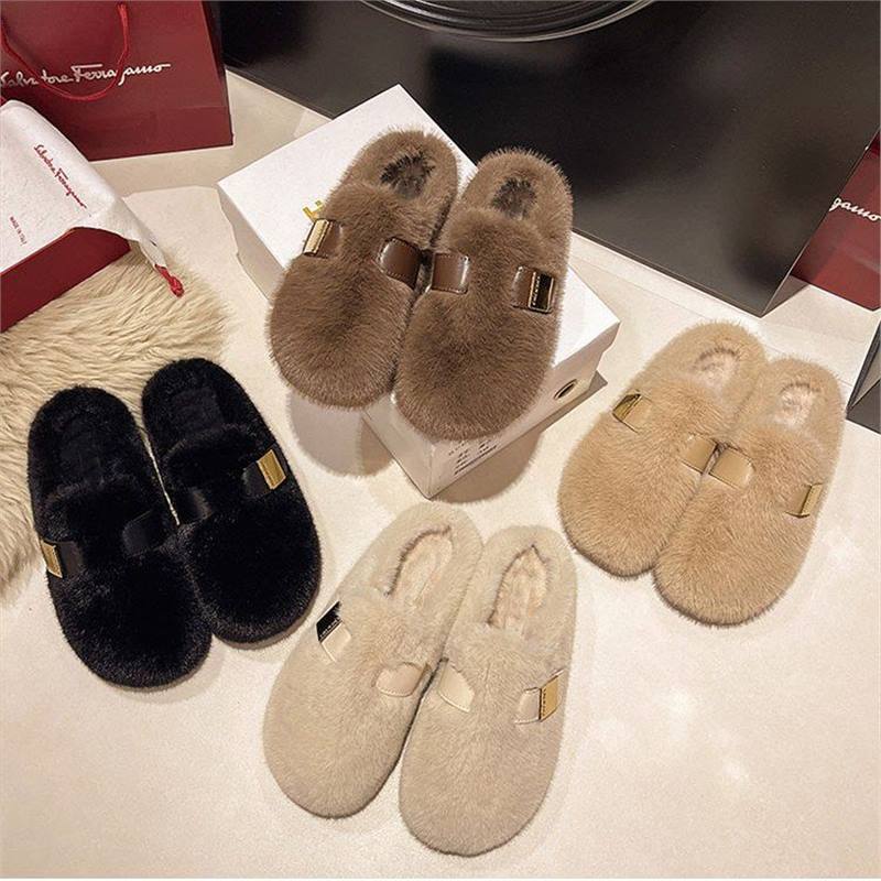 Birkenstock Shoes With Fleece For Women 2024 Autumn And Winter New Style Furry Slippers Slip-On Fashionable Warm Versatile Flat Half Slippers