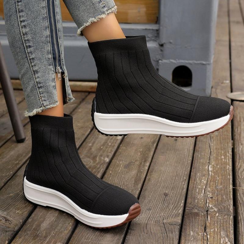 Socks boots women's autumn and winter new fly-woven high-top elastic medium boots muffin thick-soled one-pedal short boots