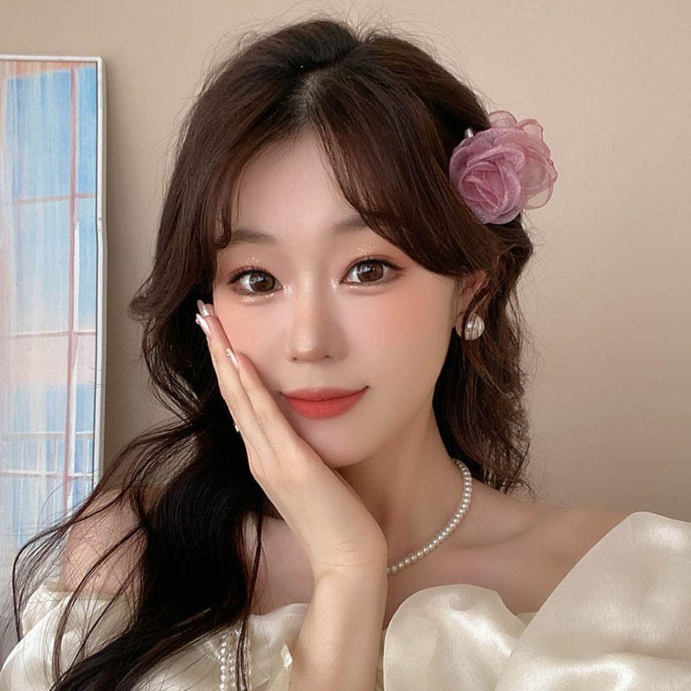 Cloth Simulation Flower Hair Claw Mesh Flower Claw Clip Fashion Camellia Shark Clip  Wedding