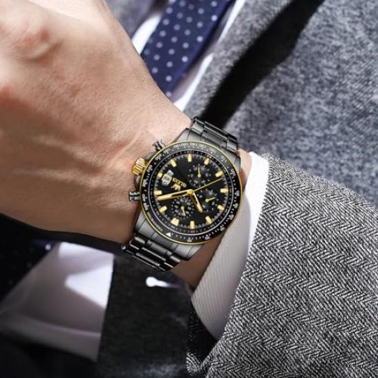 OLEVS Men's Quartz Watch, Stylish Multi-Function Watch with Stainless Steel Case, Waterproof, Luminous Display, Date Display, Analogue Watch,