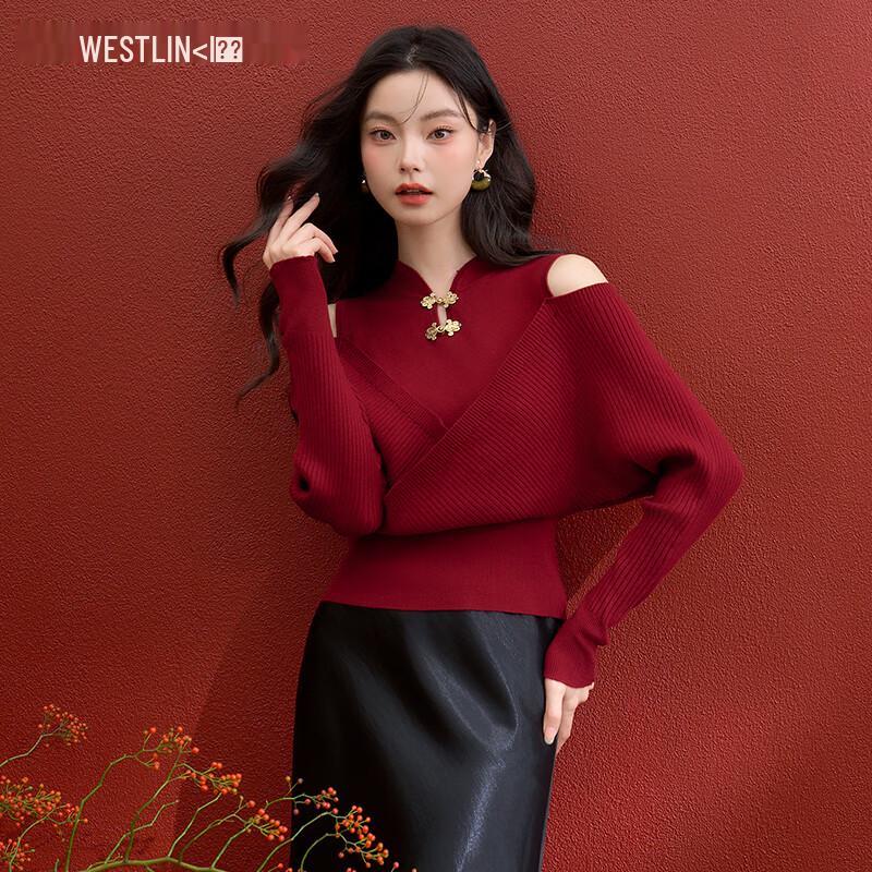 Westlink New Chinese Style Off-Shoulder Faux Two-Piece Knit Sweater M