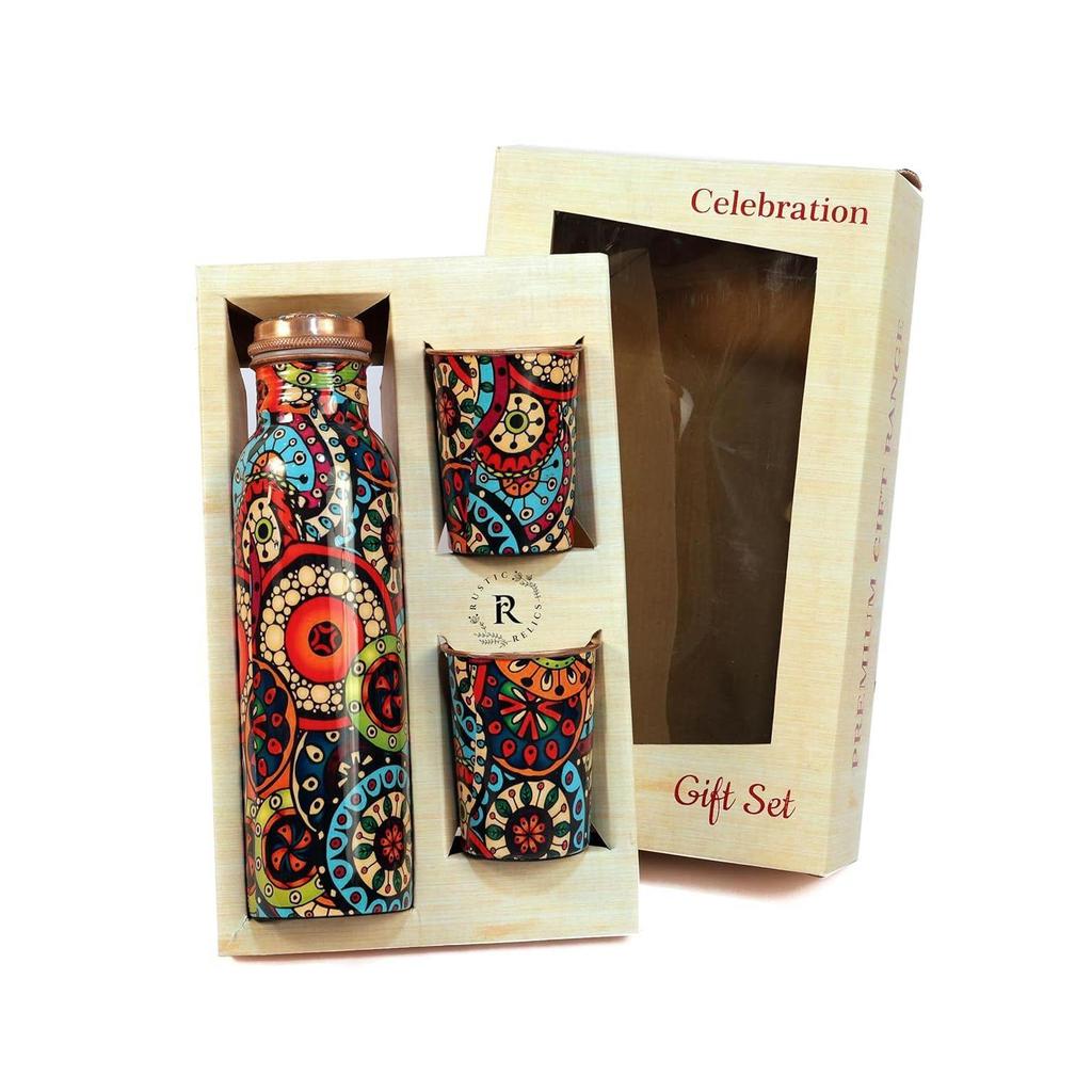 Pure Copper Water Bottle 1L With 2 Glass Set Hand Made | With Meena Mandala Print - A Fusion of Tradition and Style