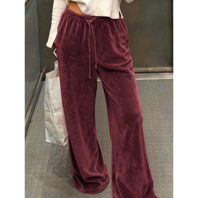 Damen Samt Freizeit Hose mit weitem Bein Kordelzug Taille Lounge Hose