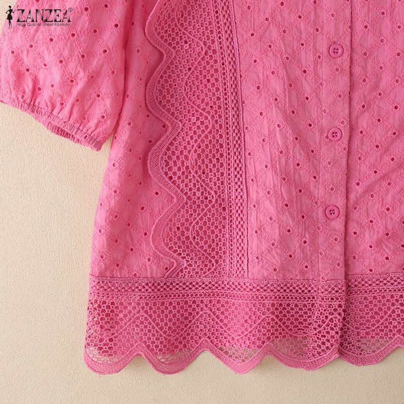 ZANZEA Women Casual Round Neck Patchwork Crochet Loose Short Sleeve Blouse