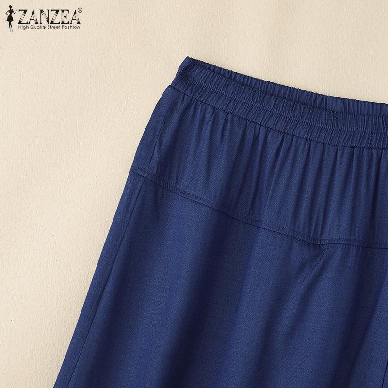 ZANZEA Women Casual Elastic Waist Solid Color Loose Capri Pants