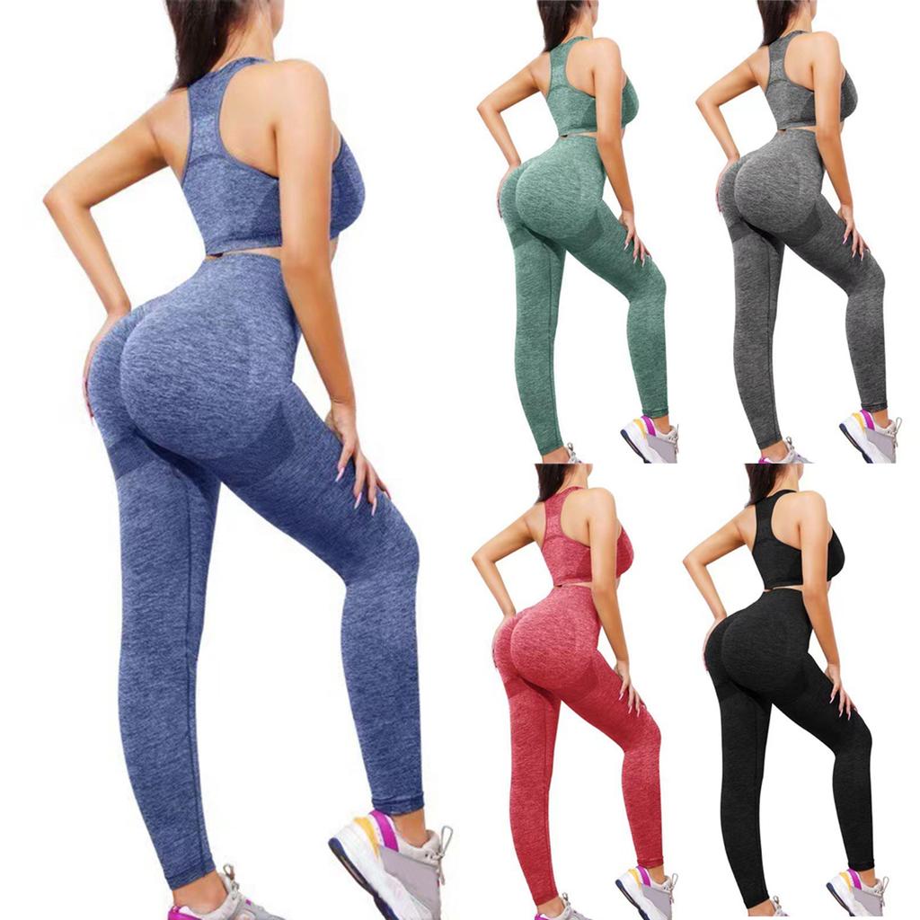 Women's Fashion U Neck Sleeveless Top High Waist Tight Fit Fitness Running Sports Pants Yoga Two Piece Set