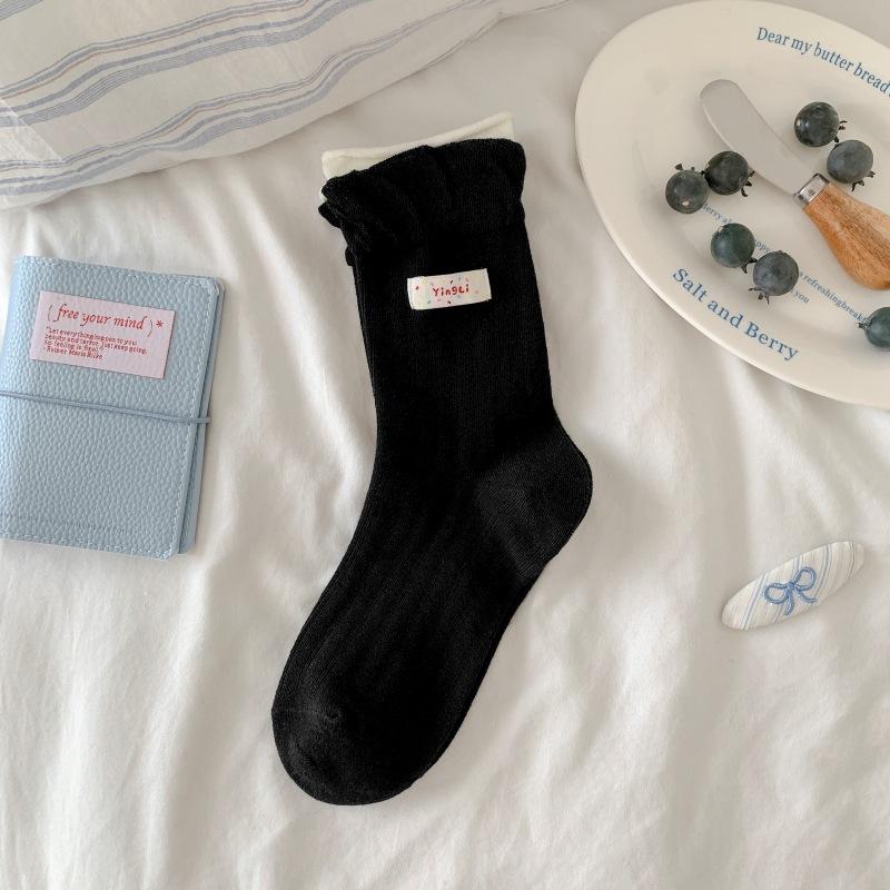 Rainbow Cloth Label Shell Bow Polka Dot Socks for Women, Grey and Blue Striped Black Ear-trimmed Mid-calf Pile Socks