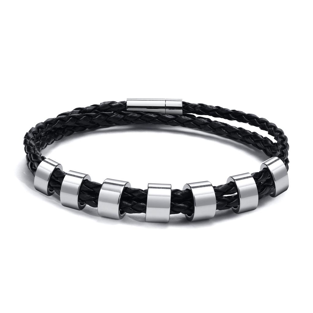 Custom 1-7 Names Multi Layer Leather Bracelet for Men,Stainless Steel Beads Handmade Braided Wristband,Gift for Father Dad