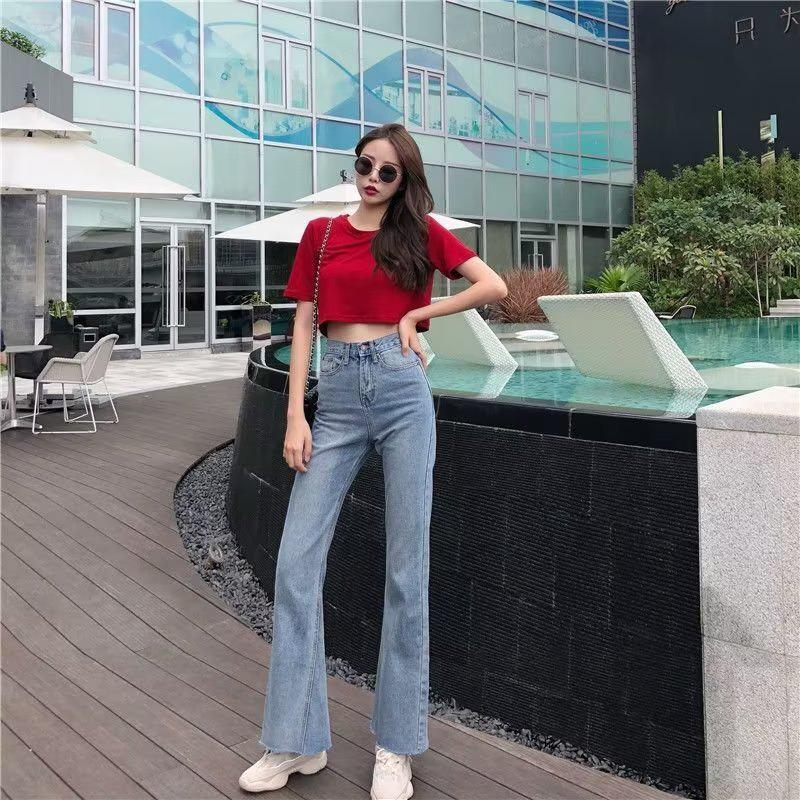 Retro Hong Kong Style High-Waisted Flared Denim Pants - Women's Slim Fit for Spring & Autumn