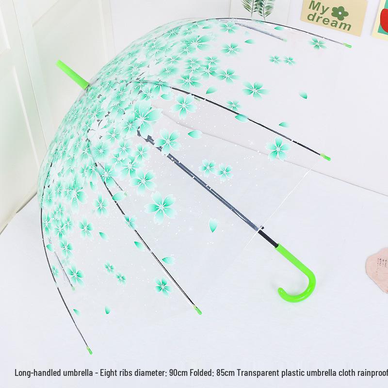 Japanese Forest Style Transparent Cherry Blossom Umbrella with Arched Long Handle for Students