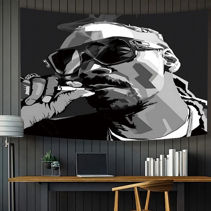Hip Hop Rap Black White Tapestry, European American Rapper Portrait Wall Hanging for Bedroom Living Room