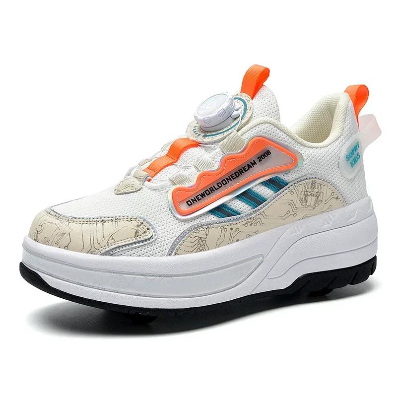 

Kids Roller Skating Shoes With 4 Wheels Boys Girl Children Deformation Luminou Button Adult Extension Detachable Casual Sneakers 40