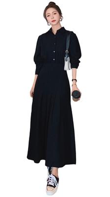 Long Shirt Long Solid Stylish [Chubikime] Women's Dress, Dress, Fall/Spring, Midi, Sleeve, Color, Pleated, A-Line, Slimming, Ribbon,