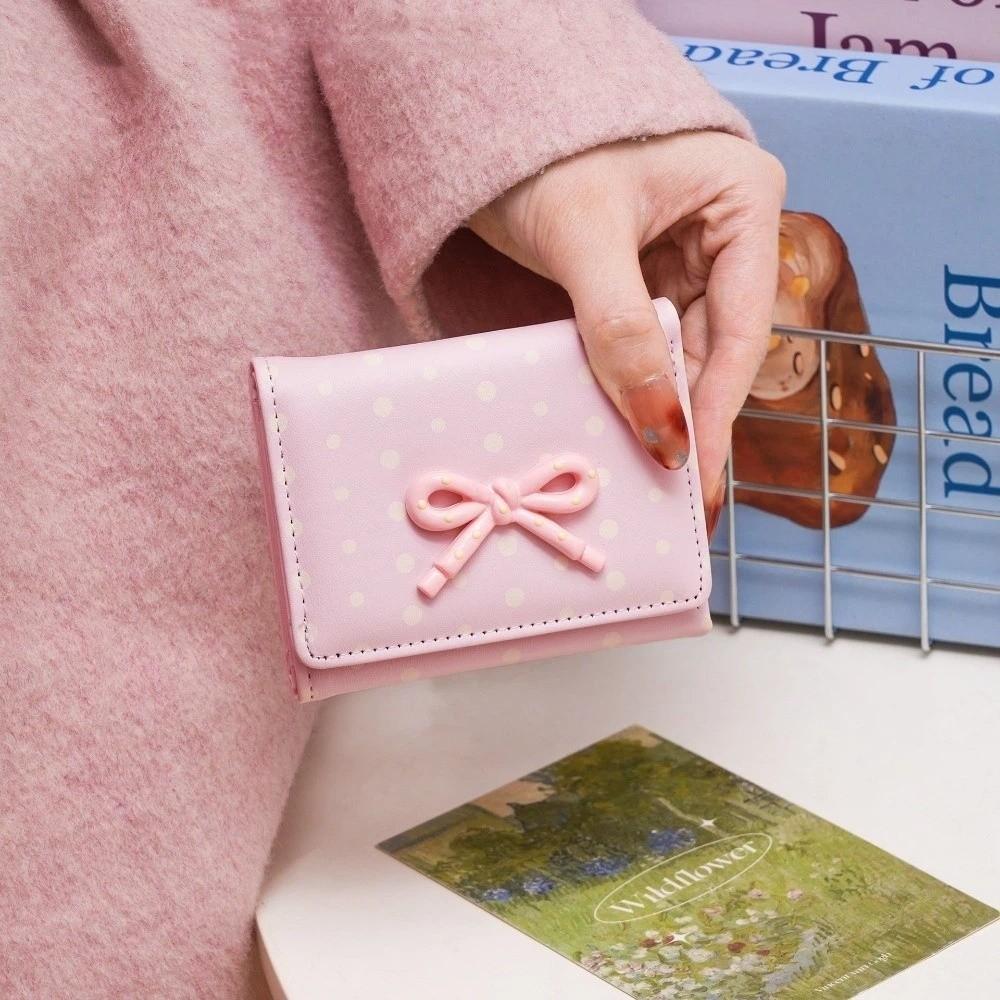 Portable Bowknot Short Wallet Large Capacity Dopamine Color Coin Purse PU Leather Card Holders Female Girl