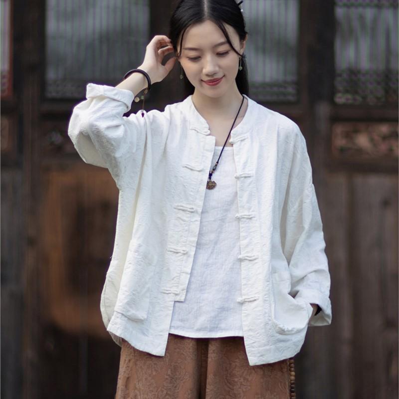 Johnature Women Vintage Jacquard Shirts Tops Stand Long Sleeve Pockets Blouse Autumn Chinese Style Shirts