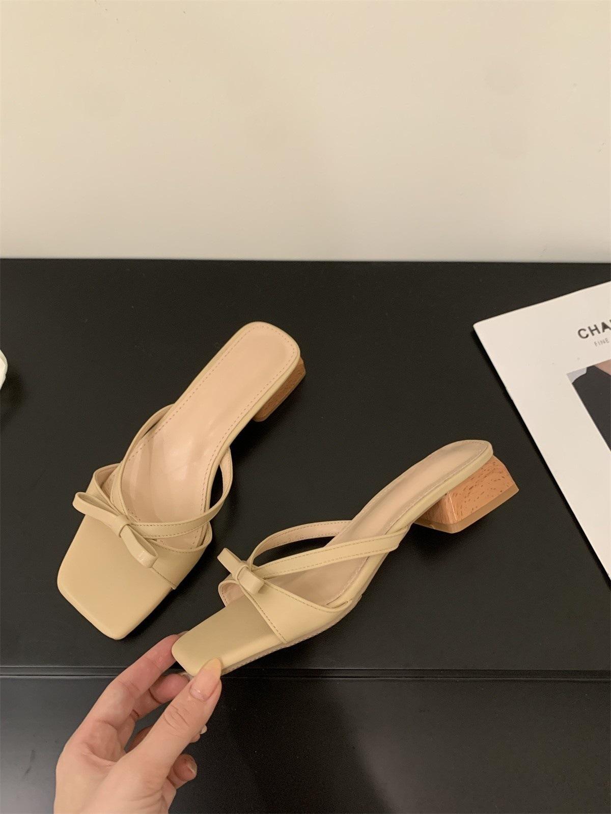 

Thick heel open-toed small cool slippers fairy shoes wear 2025 new summer with skirt bow sandals 40 хаки