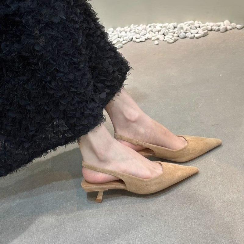 2025 Spring Summer Women Kitten Heels Pointed Toe Sandals Back Buckle Bling Silver Ladies Casual Med Heels Shoes