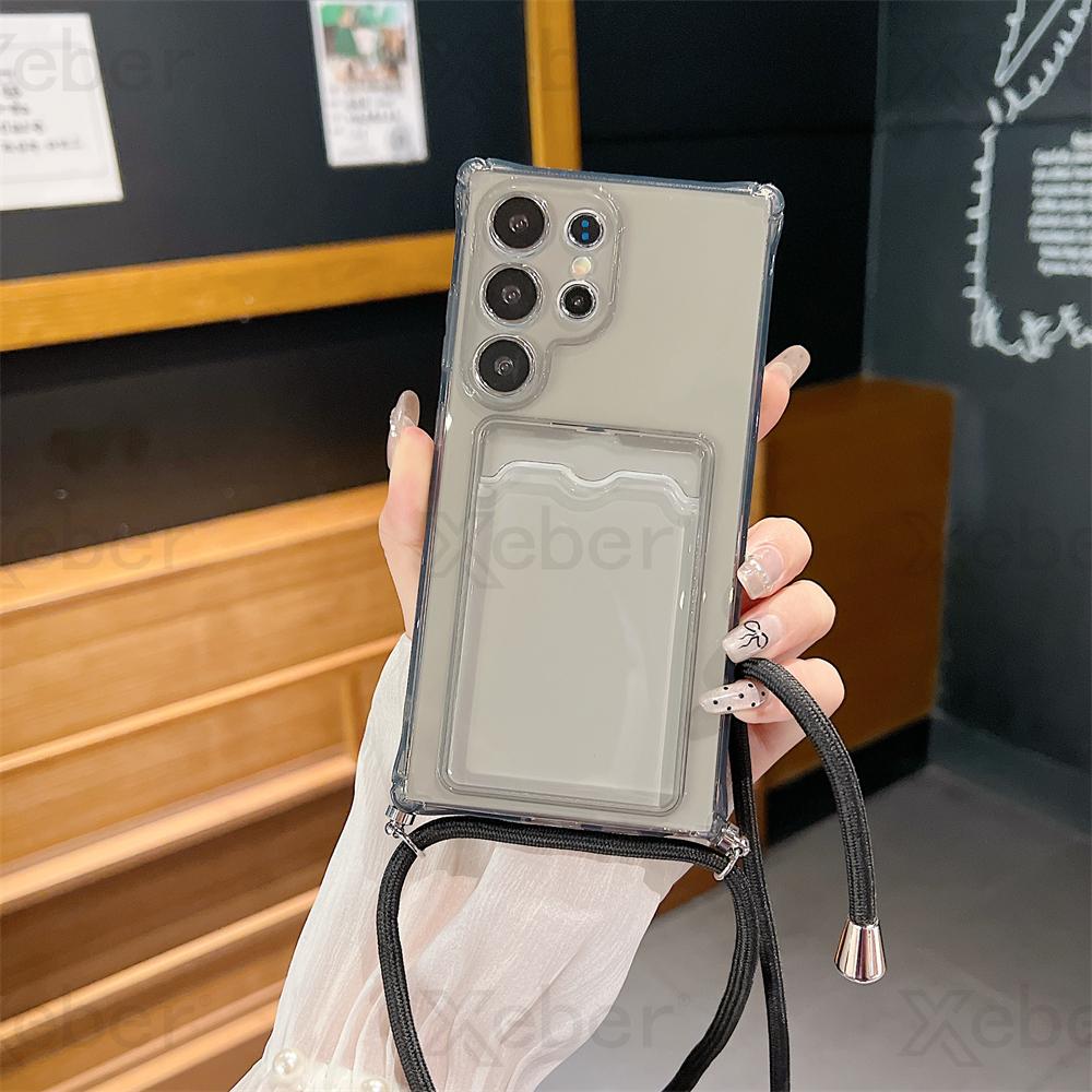 Luxury Card Bag Clear Wallet Crossbody Necklace Strap Case For Samsung S25 S24 S23 Ultra S22 S21 FE A55 A54 A53 A35 A33 5G Cover